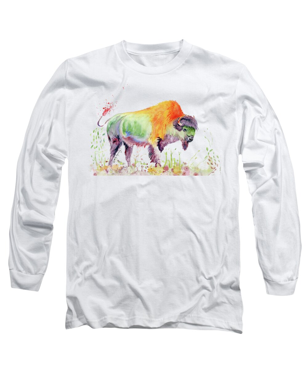 Colorful American Buffalo Long Sleeve T-Shirt featuring the painting Colorful American Buffalo by Melly Terpening