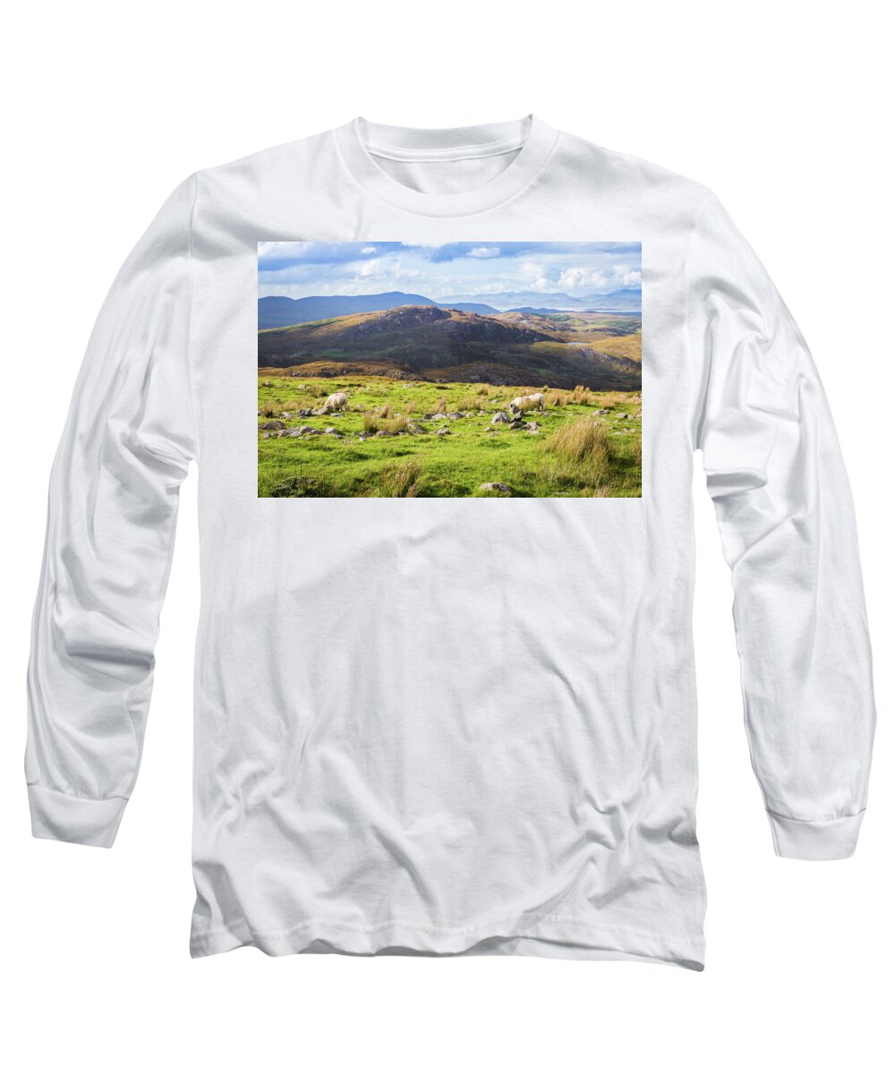 Blue Long Sleeve T-Shirt featuring the photograph Colourful undulating Irish landscape in Kerry with grazing sheep by Semmick Photo