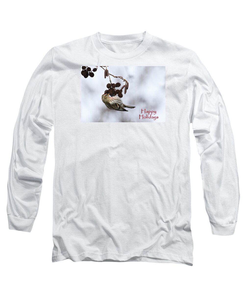 Gary Hall Long Sleeve T-Shirt featuring the photograph Common Redpoll Christmas Card by Gary Hall