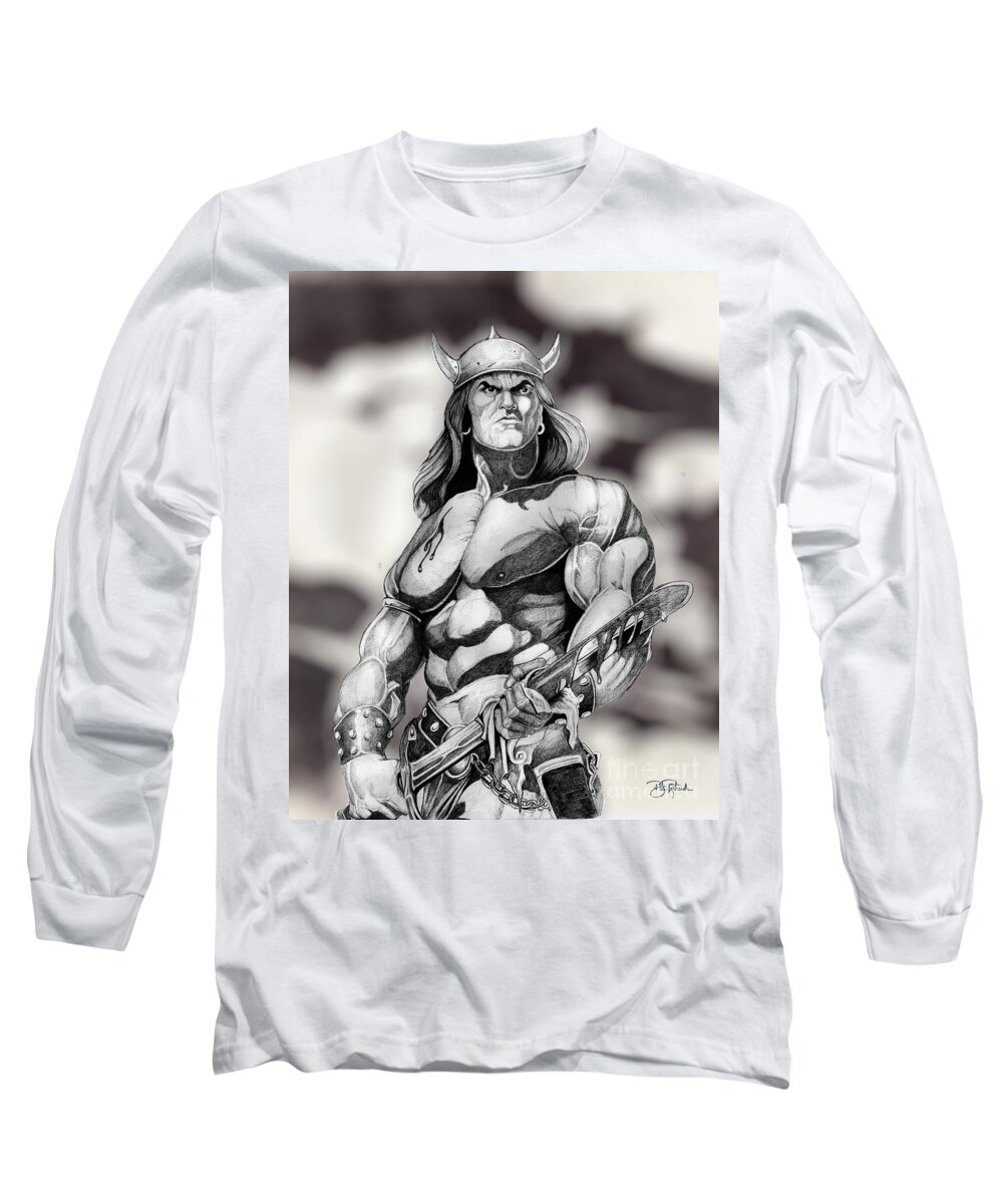 Conan Long Sleeve T-Shirt featuring the drawing Conan The Barbaian by Bill Richards
