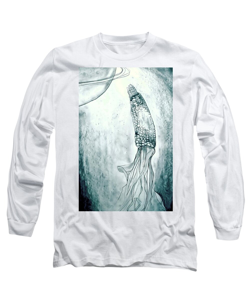 Corn Long Sleeve T-Shirt featuring the drawing Corn in Space by Michelle Calkins