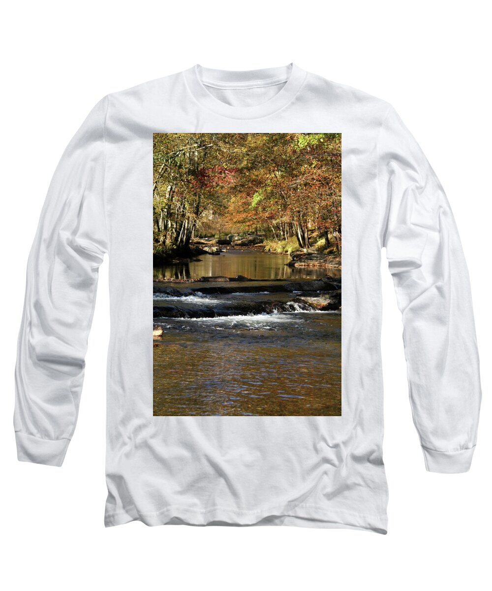 Water Long Sleeve T-Shirt featuring the photograph Creek water flowing through woods in autumn by Emanuel Tanjala