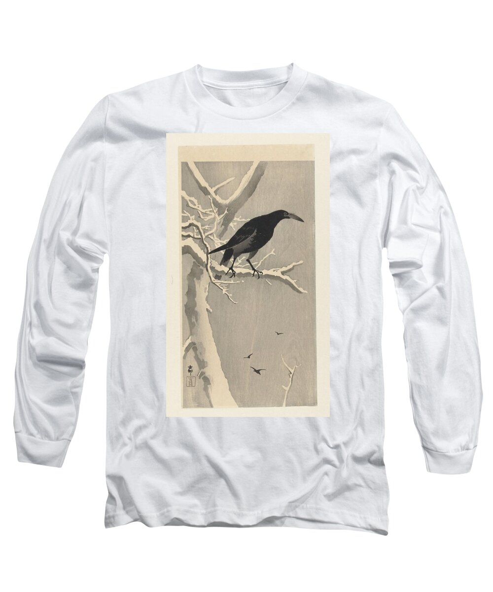 Crow On Snowy Tree Branch Long Sleeve T-Shirt featuring the painting Crow on snowy tree branch by Ohara Koson