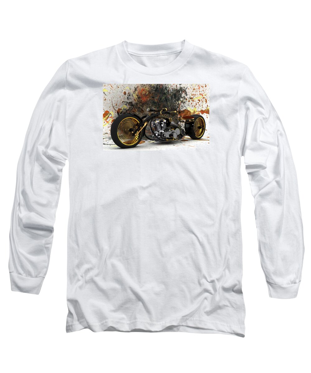 Custom Chopper # Motorcycle # Custom Bike # Bike # Motorcycle Art # Chopper # Bobber # Old School Chopper # Long Sleeve T-Shirt featuring the digital art Custom Chopper Gold by Louis Ferreira