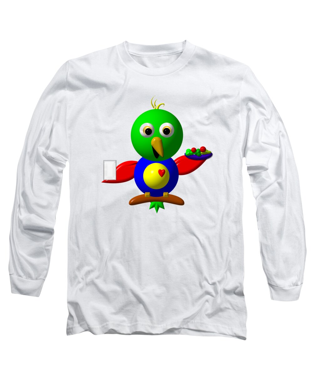 Parrots Long Sleeve T-Shirt featuring the digital art Cute Parrot with Healthy Salad and Milk by Rose Santuci-Sofranko