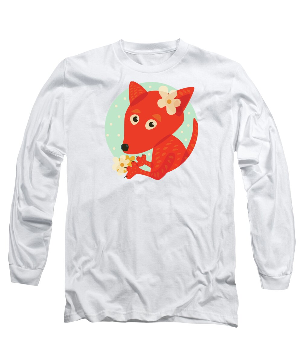 Fox Long Sleeve T-Shirt featuring the digital art Cute Pretty Fox With Flowers by Boriana Giormova