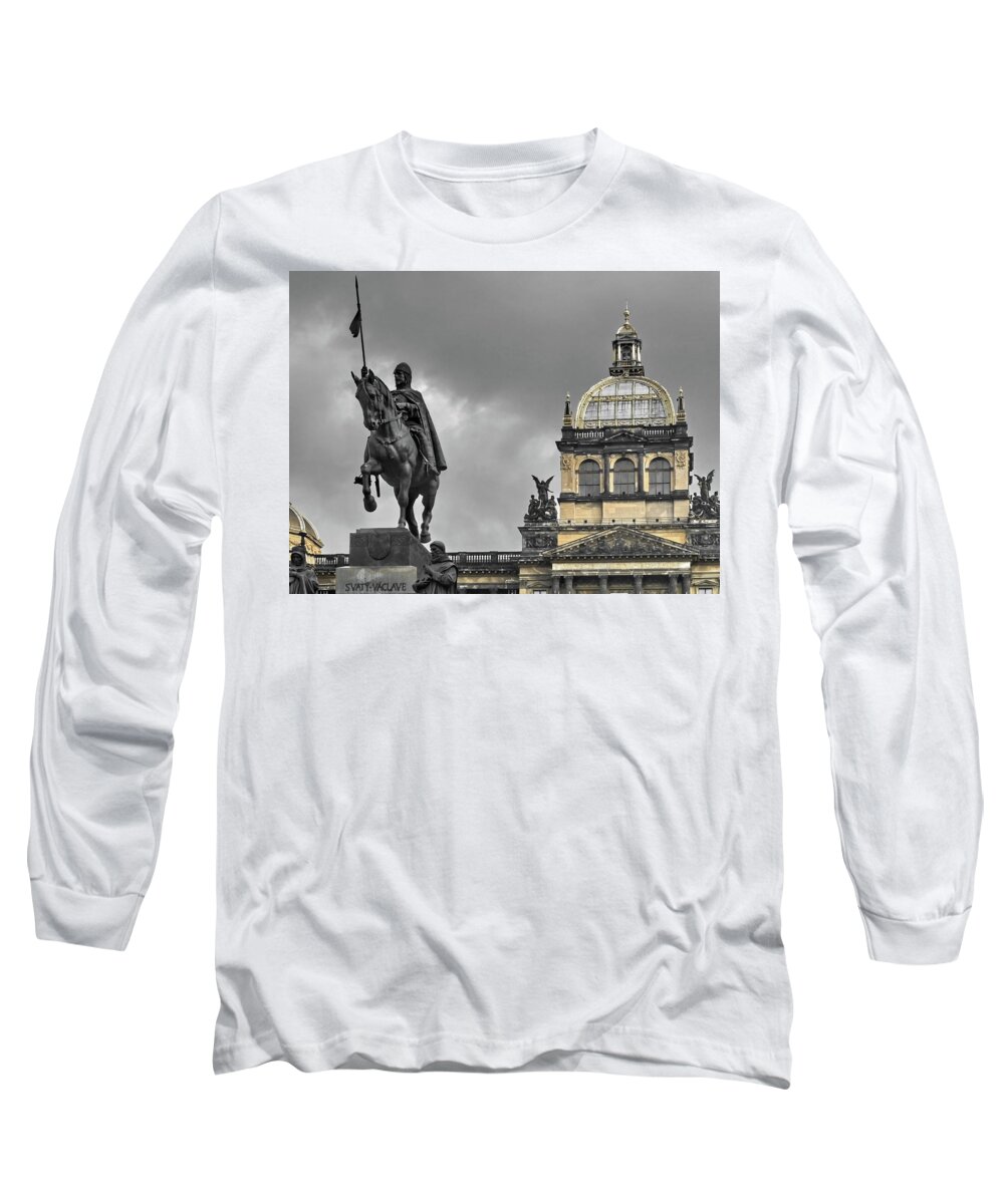 Czech National Museum Long Sleeve T-Shirt featuring the photograph Czech National Museum and the statue of Wenceslas in Prague. by Lyuba Filatova