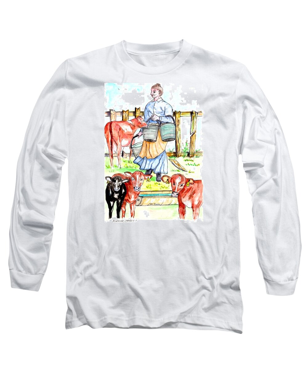 Farm Life Long Sleeve T-Shirt featuring the mixed media Daily Chores by Philip And Robbie Bracco