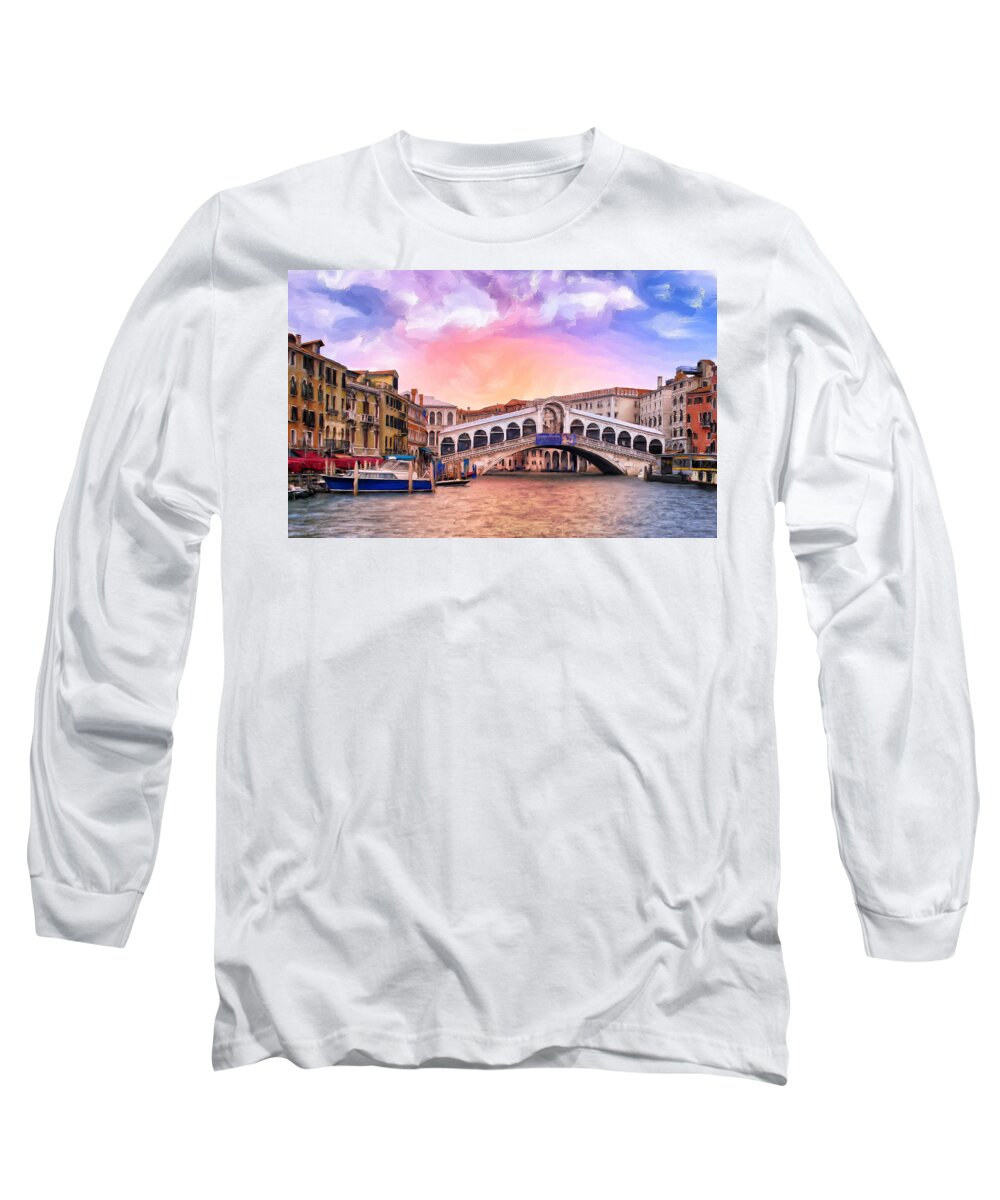 Dawn Long Sleeve T-Shirt featuring the painting Dawn Light at Rialto Bridge by Dominic Piperata