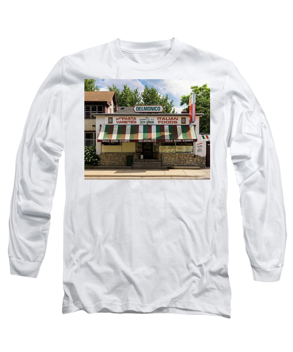 Deli Long Sleeve T-Shirt featuring the photograph Delmonico's Italian Market by Mike Evangelist