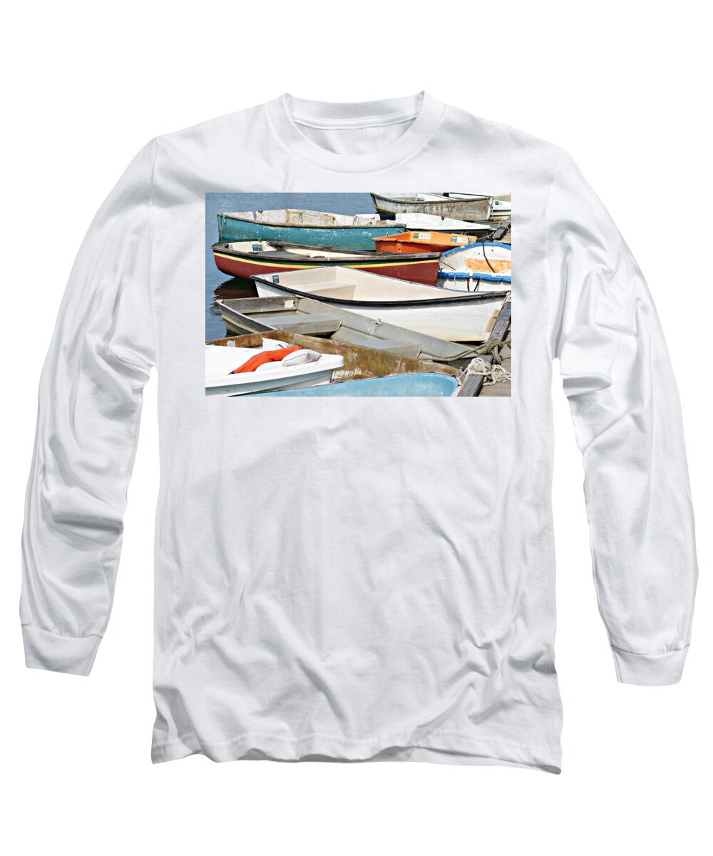 Motif Long Sleeve T-Shirt featuring the photograph Dinghys at Bearskin Neck by Joe Faherty