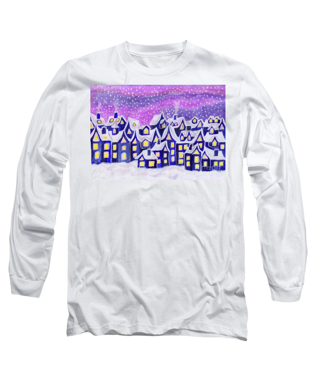 Visual Long Sleeve T-Shirt featuring the painting Dreamstown blue, painting by Irina Afonskaya