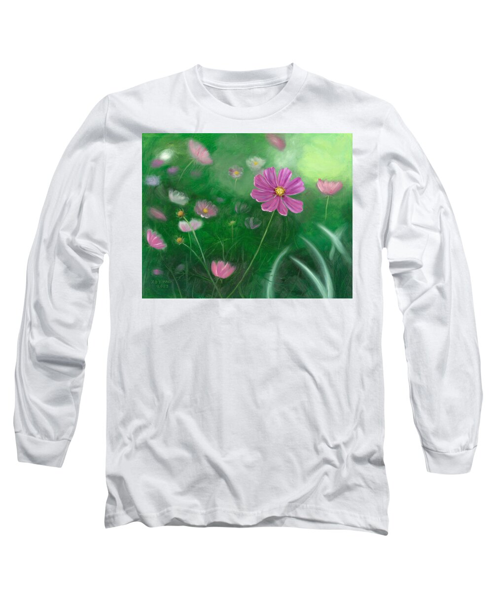 Cosmos Long Sleeve T-Shirt featuring the painting Cosmos Flowers by Helian Cornwell