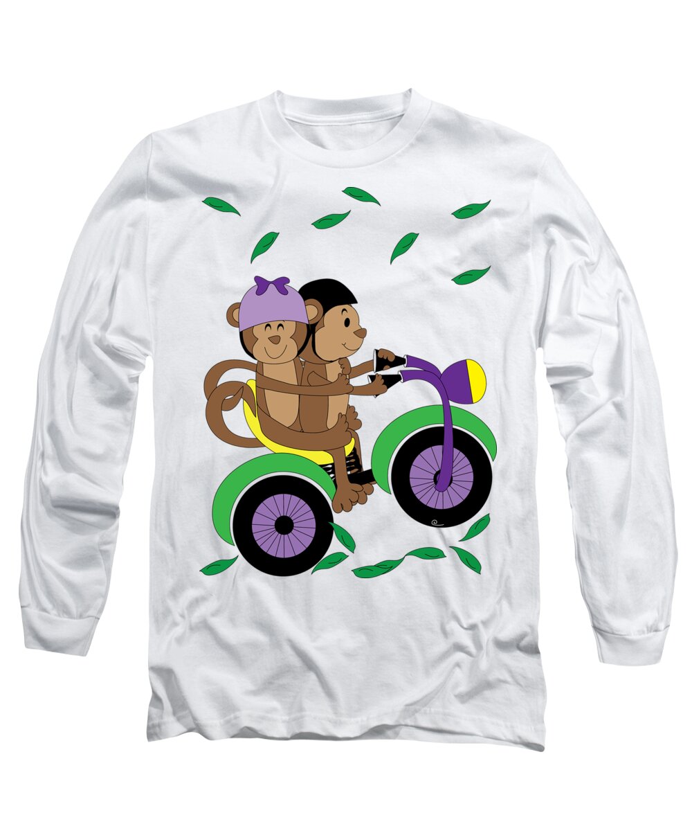 Animals Long Sleeve T-Shirt featuring the digital art Duffworkscreative_MonkeyFunLove_Motorcycle by Laura Duffy