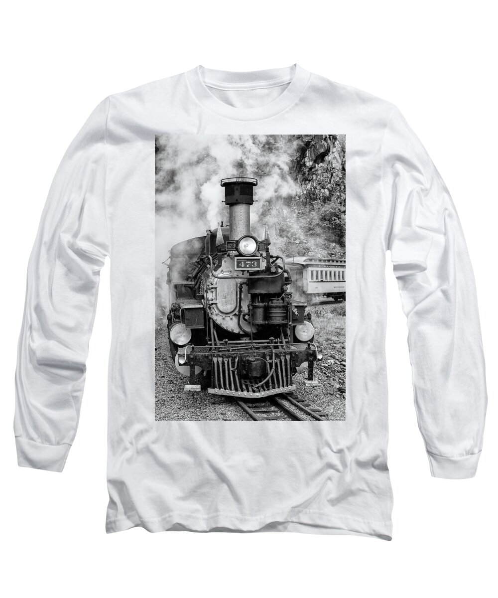Trains Long Sleeve T-Shirt featuring the photograph Durango Silverton Train Engine by Angela Moyer