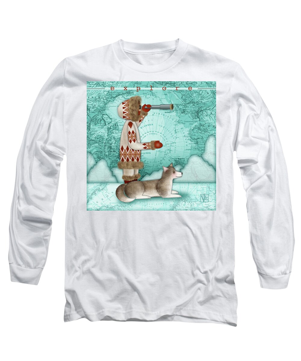 Letter Art Long Sleeve T-Shirt featuring the digital art E is for Eskimo and Explorer by Valerie Drake Lesiak
