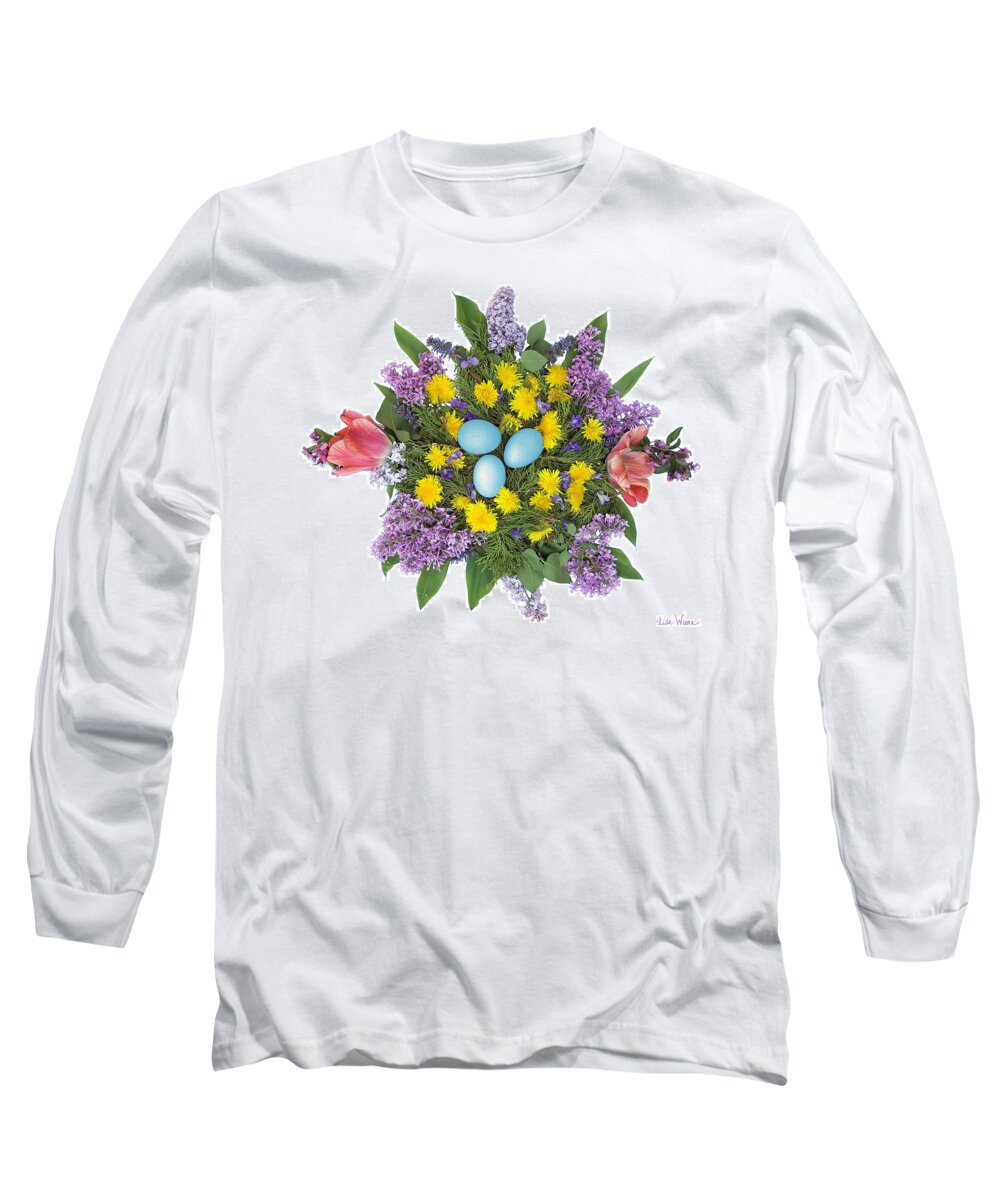 Eggs Long Sleeve T-Shirt featuring the photograph Eggs in Dandelions, Lilacs, Violets and Tulips by Lise Winne