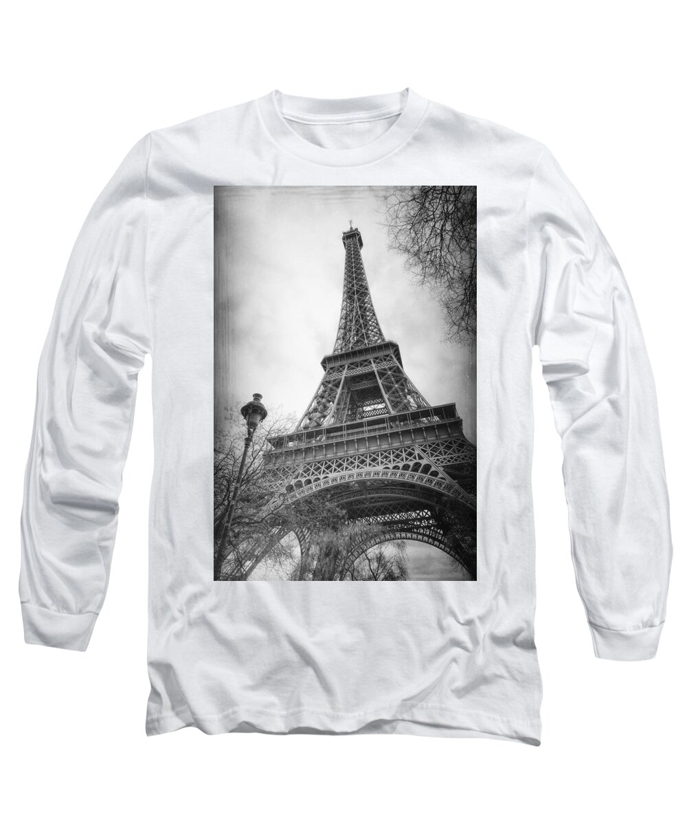 Eiffel Tower Long Sleeve T-Shirt featuring the photograph Eiffel Tower and Lamp Post BW by Joan Carroll