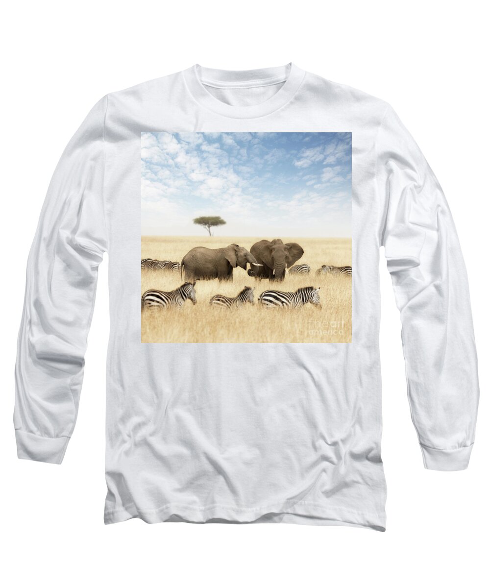 Elephant Long Sleeve T-Shirt featuring the photograph Elephants and zebras in the grasslands of the Masai Mara by Jane Rix