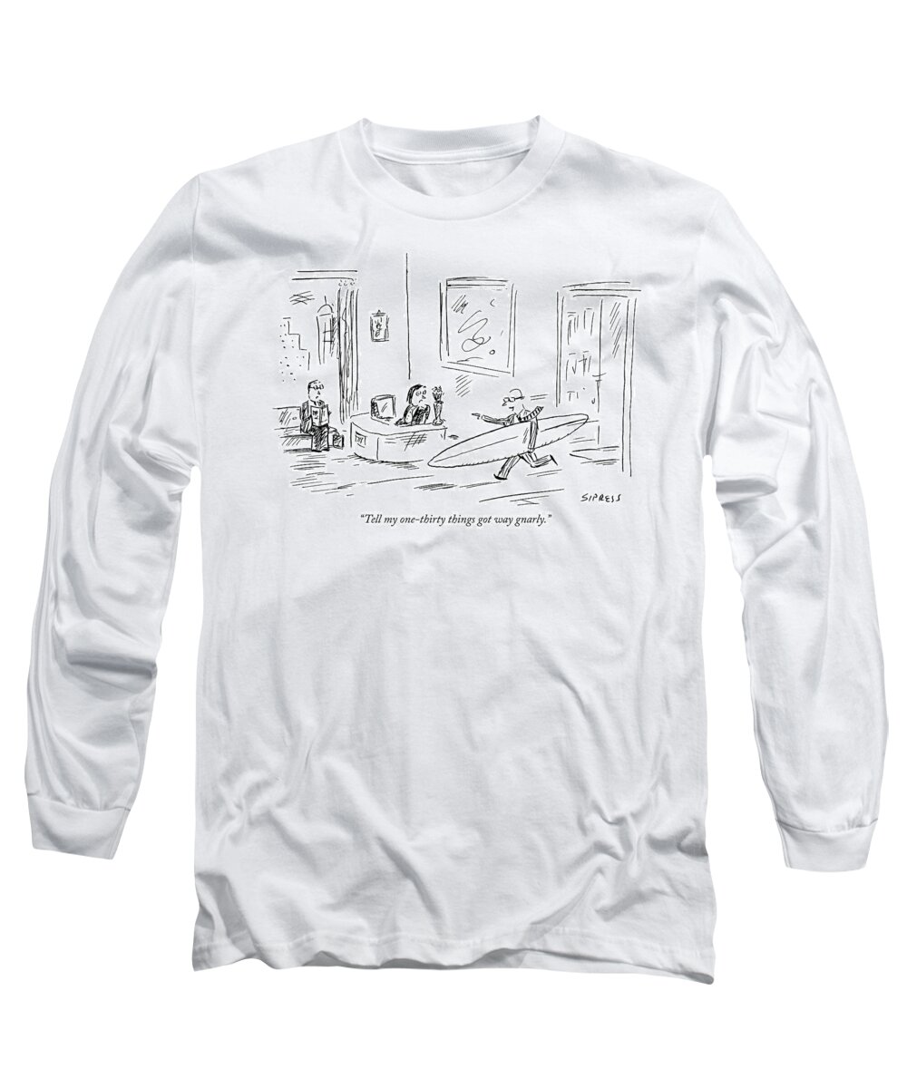 Sports Long Sleeve T-Shirt featuring the drawing Executive Running From His Office With Surfboard by David Sipress