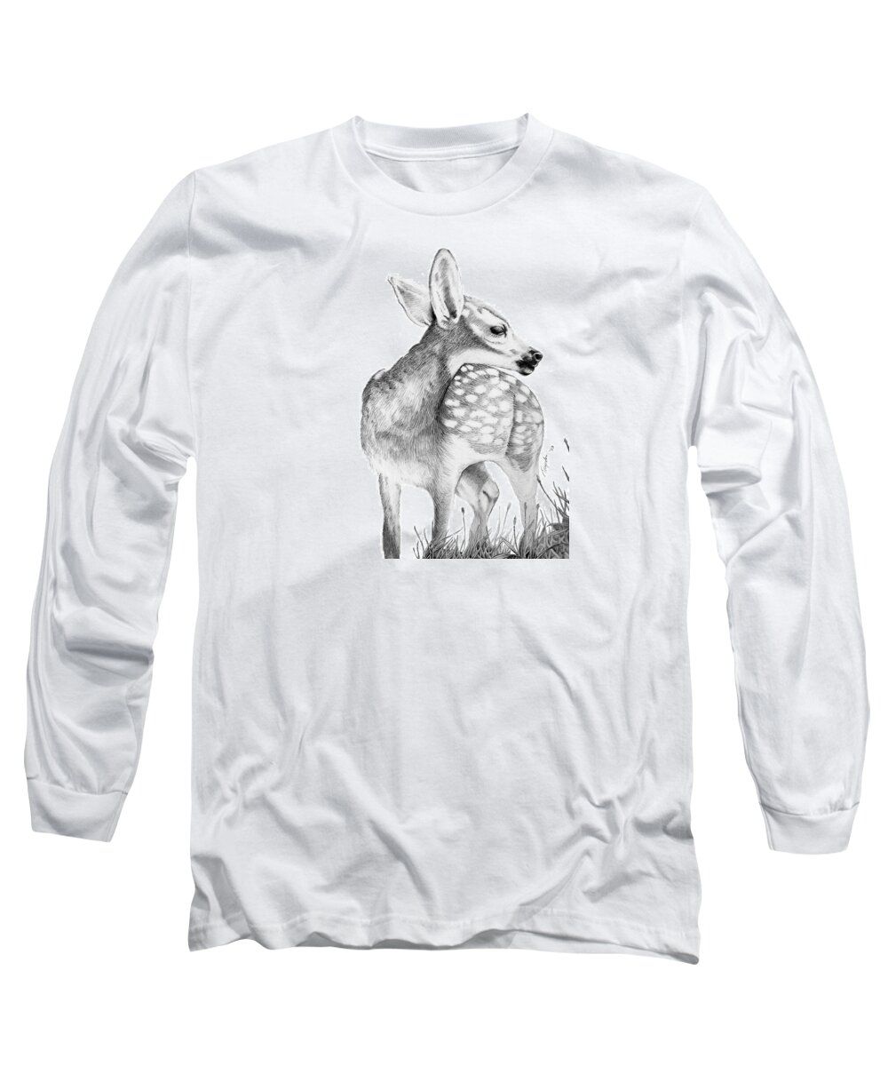 Wildlife Long Sleeve T-Shirt featuring the drawing Fawn by Lawrence Tripoli