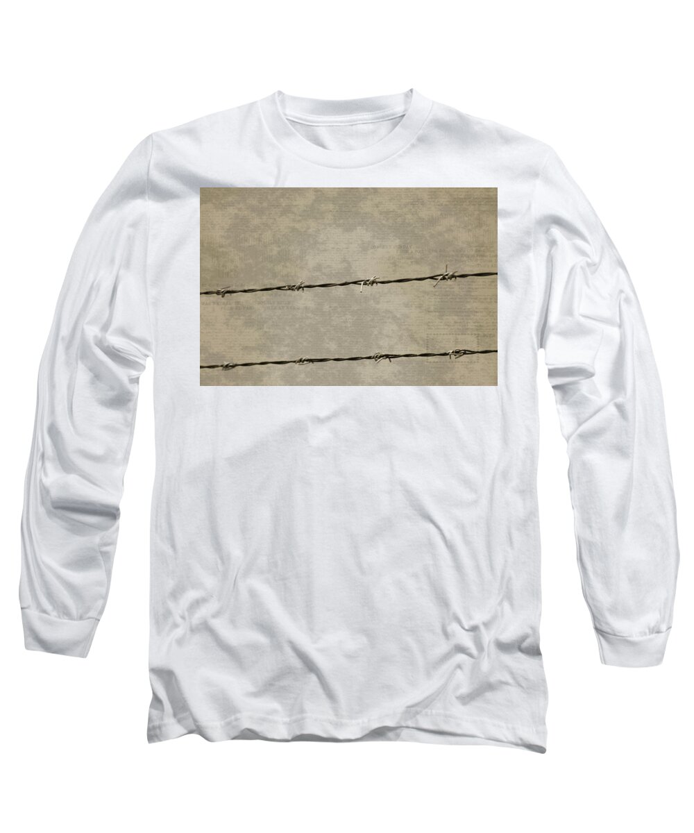 Prison Break Long Sleeve T-Shirt featuring the photograph Fine Art Photograph Barbed Wire over Vintage News Print Breaking Out by Colleen Cornelius