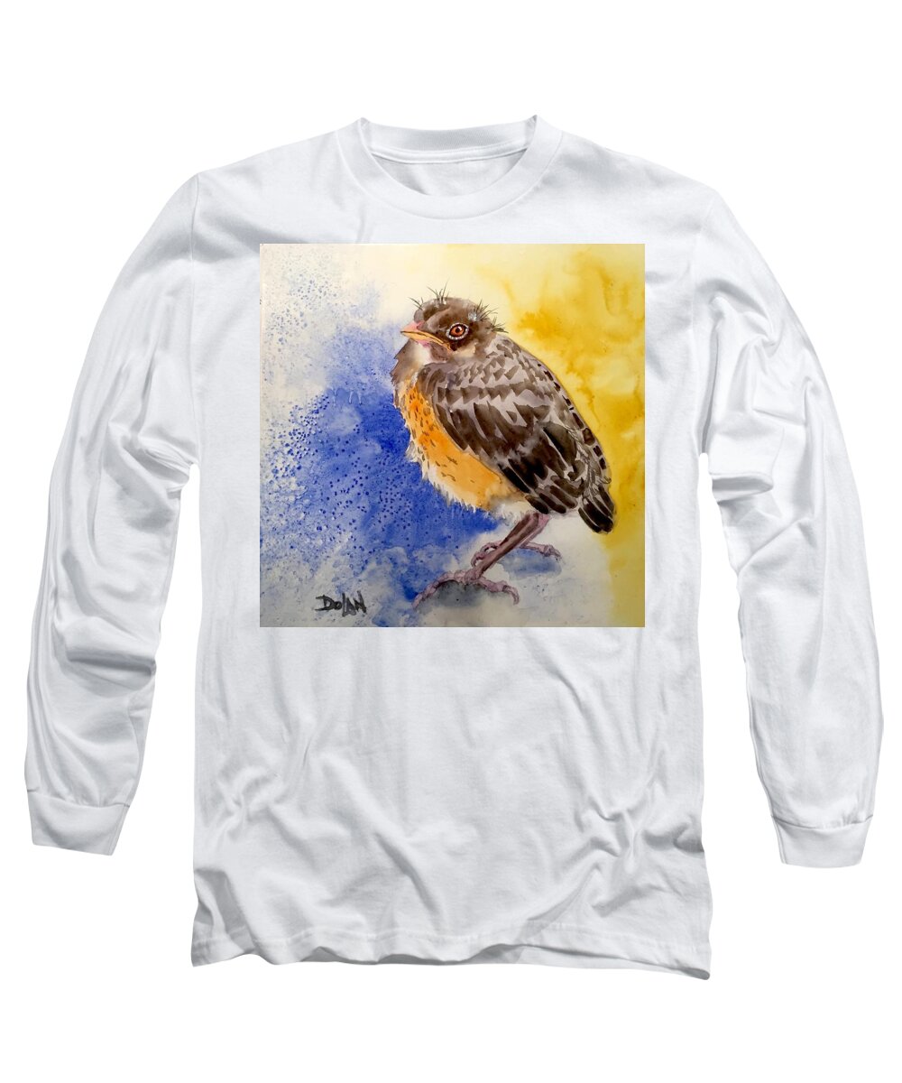 Bird Painting Long Sleeve T-Shirt featuring the painting Fledgling Robin by Pat Dolan