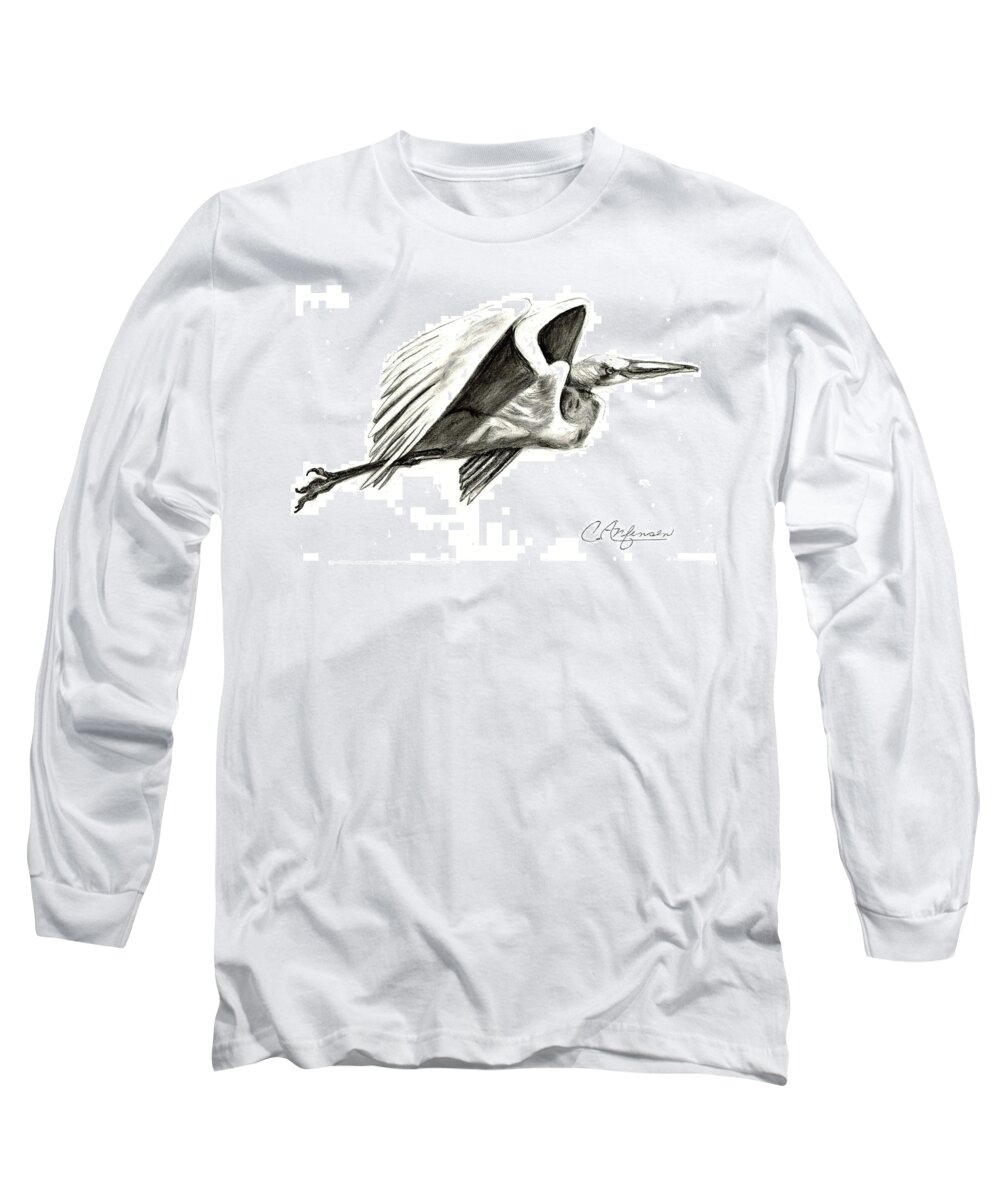 Egret Long Sleeve T-Shirt featuring the drawing Flying your way by Carol Allen Anfinsen