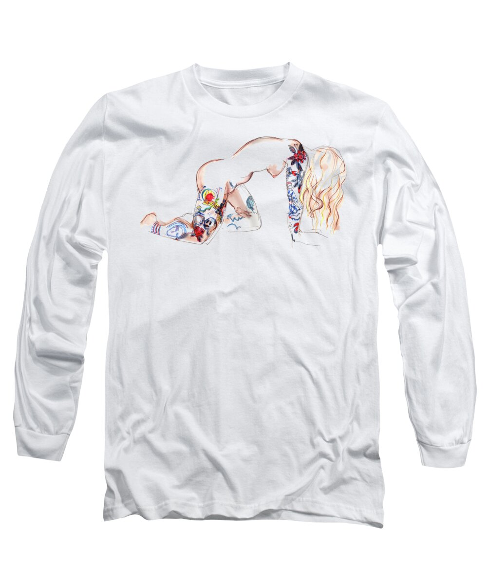 Erotic Art Long Sleeve T-Shirt featuring the mixed media Forever Amber - tattoed nude by Carolyn Weltman