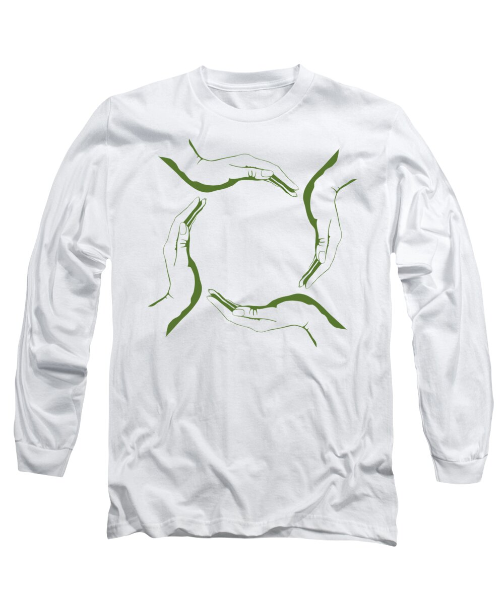 Symbol Long Sleeve T-Shirt featuring the digital art Four people hands making circle conceptual round green eco symbo by Maxim Images Exquisite Prints