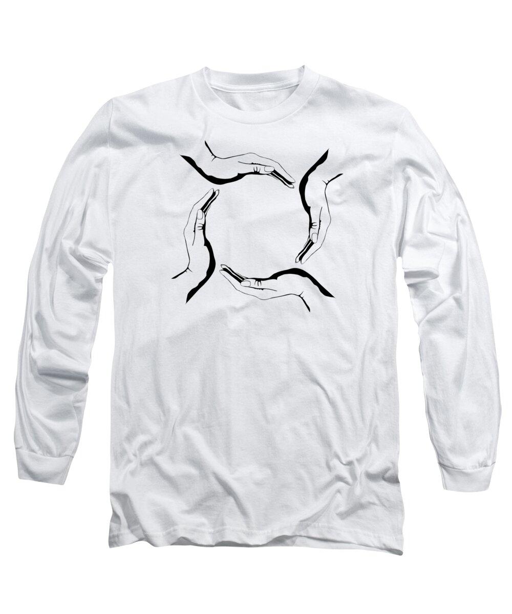 Symbol Long Sleeve T-Shirt featuring the digital art Four people hands making circle conceptual round symbol background art print by Maxim Images Exquisite Prints