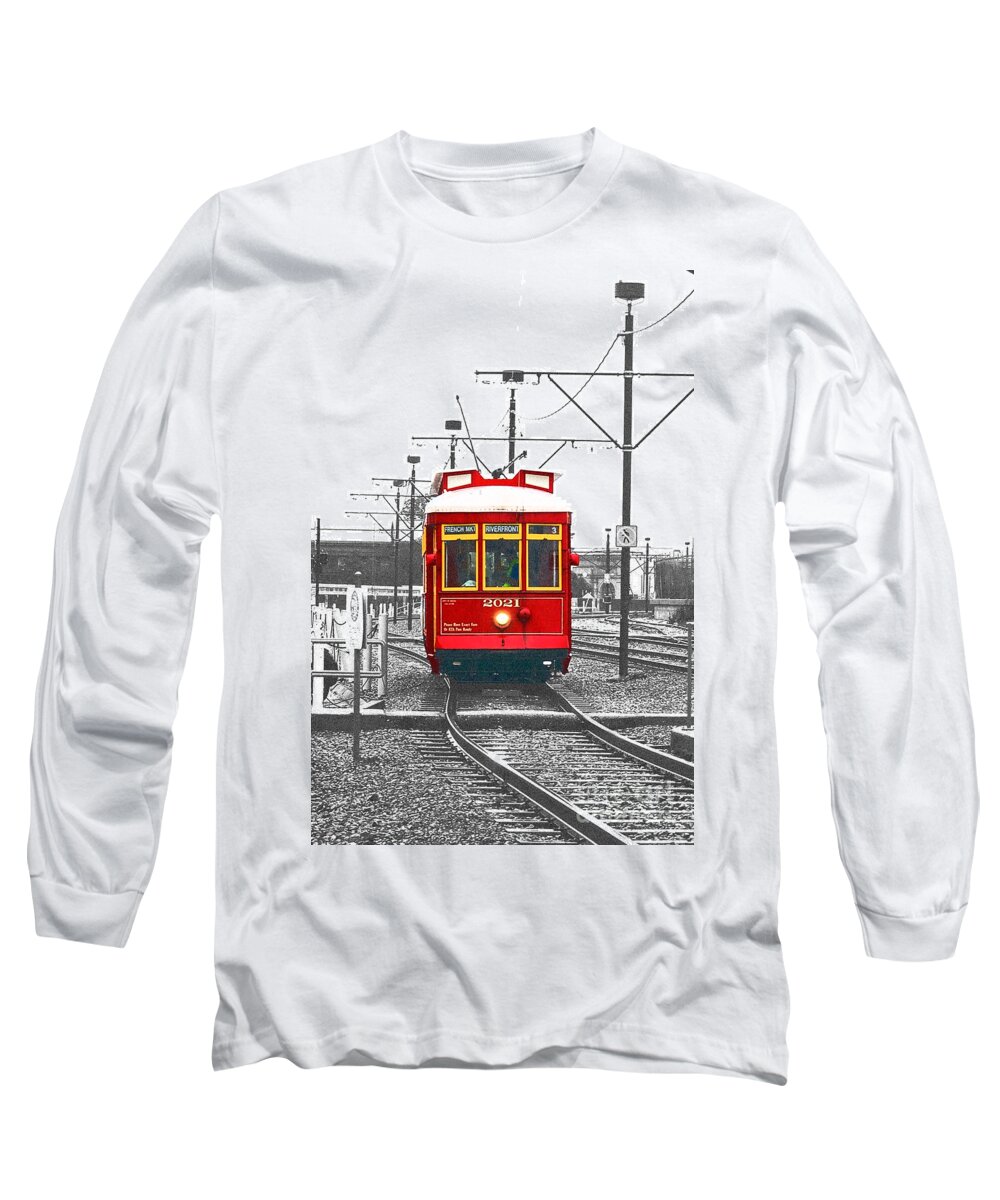 Travelpixpro New Orleans Long Sleeve T-Shirt featuring the photograph French Quarter French Market Cable Car New Orleans Color Splash Black and White with Film Grain by Shawn O'Brien