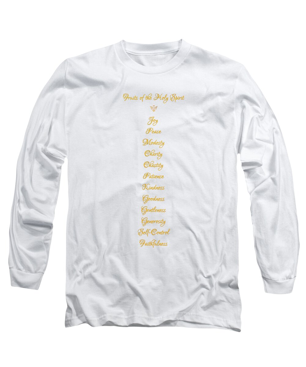 Fruits Of The Holy Spirit In A 3d Look Golden Script Long Sleeve T-Shirt featuring the digital art Fruits of The Holy Spirit in a 3D Look Golden Script by Rose Santuci-Sofranko
