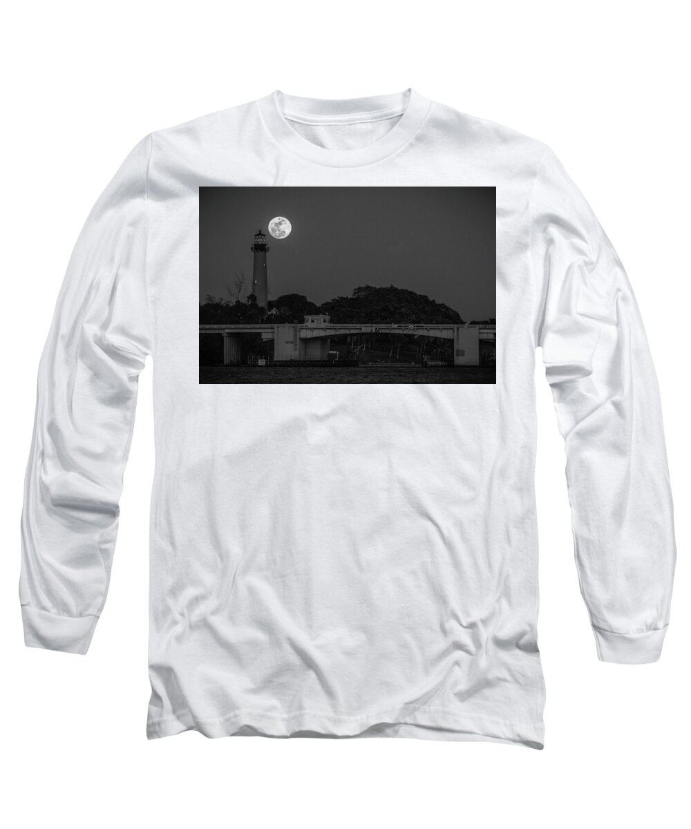 Black And White Long Sleeve T-Shirt featuring the photograph Full Moon and The Jupiter Lighthouse by Christopher Perez