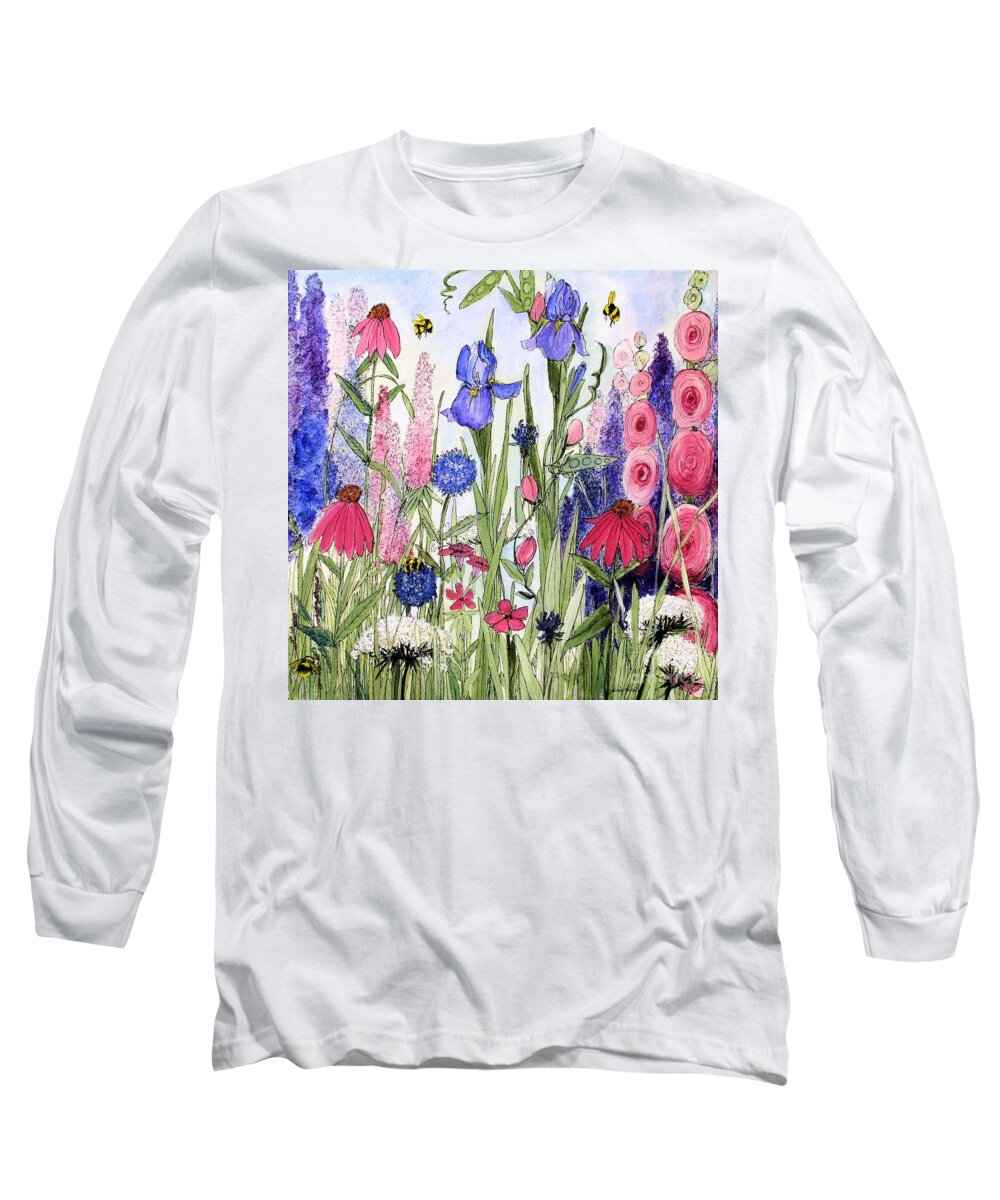 Garden Long Sleeve T-Shirt featuring the painting Garden Cottage Iris and Hollyhock by Laurie Rohner