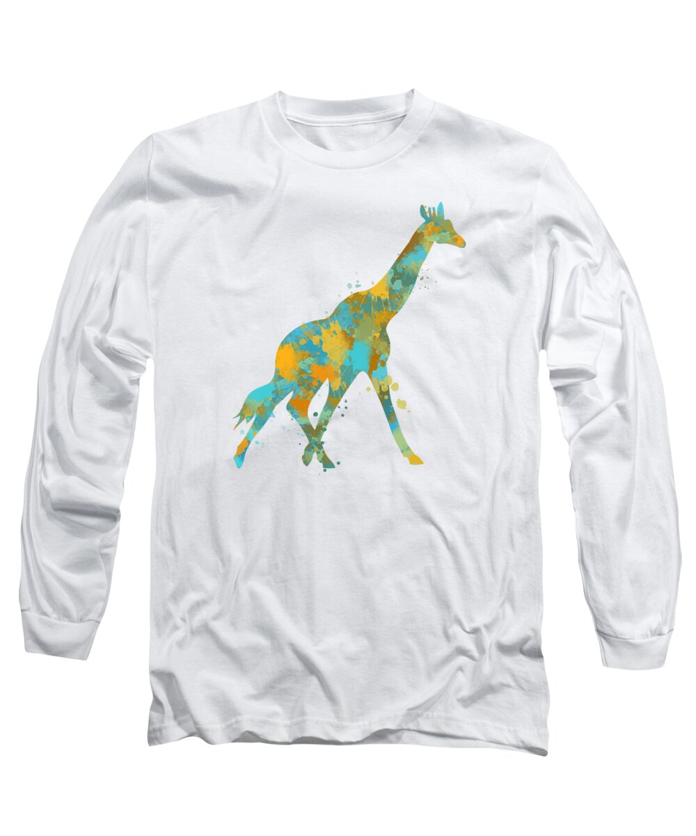 Giraffe Long Sleeve T-Shirt featuring the mixed media Giraffe Watercolor Art by Christina Rollo