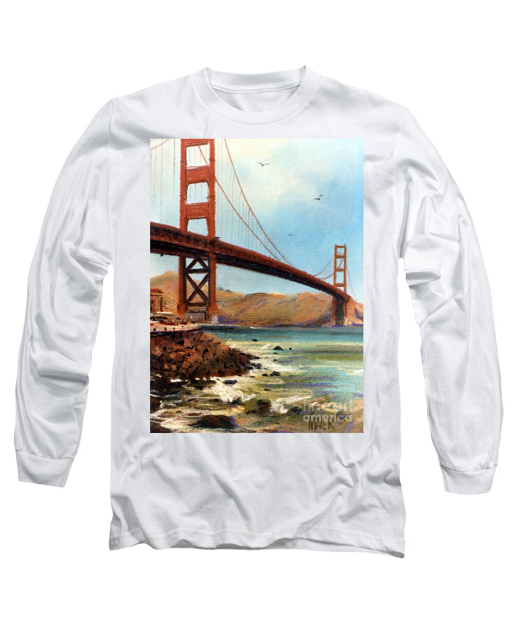 Golden Gate Bridge Long Sleeve T-Shirt featuring the painting Golden Gate Bridge Looking North by Donald Maier