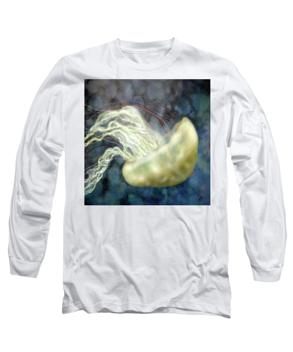 Jellyfish Long Sleeve T-Shirt featuring the digital art Golden Light Jellyfish by Sand And Chi