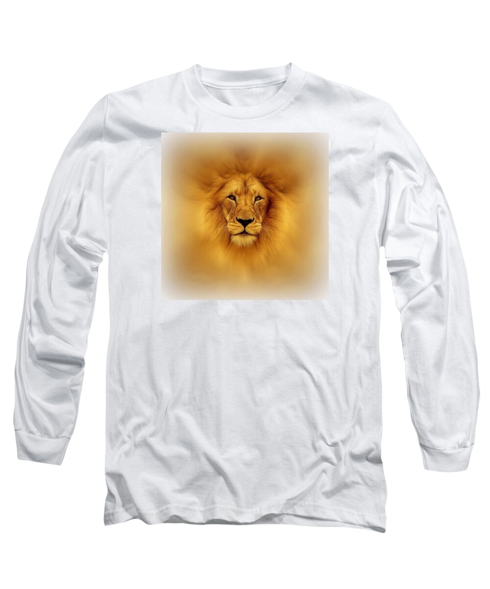 Lion Head Long Sleeve T-Shirt featuring the digital art Golden Lion by Lilia S
