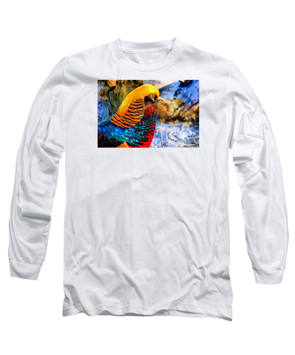 Golden Pheasant Long Sleeve T-Shirt featuring the digital art Golden Pheasant Painterly by Lilia S