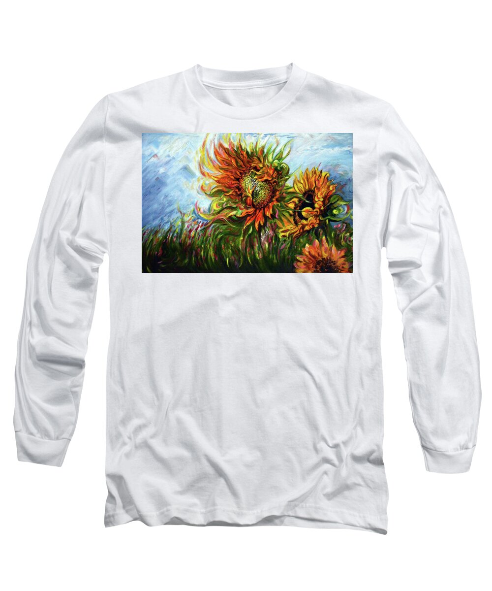 Sunflowers Long Sleeve T-Shirt featuring the painting Golden Sunflowers - Harsh Malik by Harsh Malik