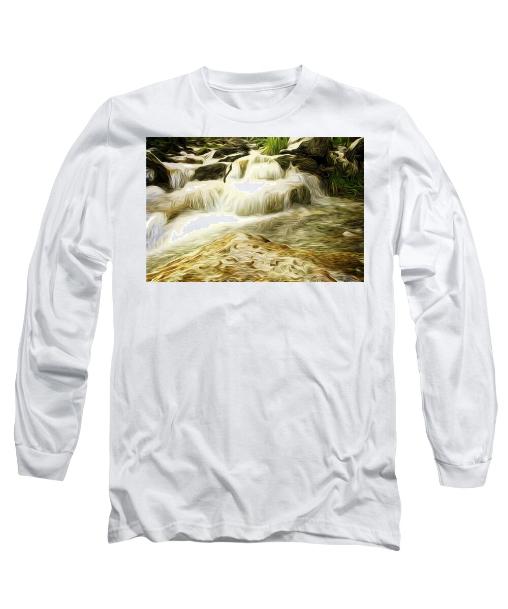 Waterfall Long Sleeve T-Shirt featuring the digital art Golden Waterfall by Carol Crisafi