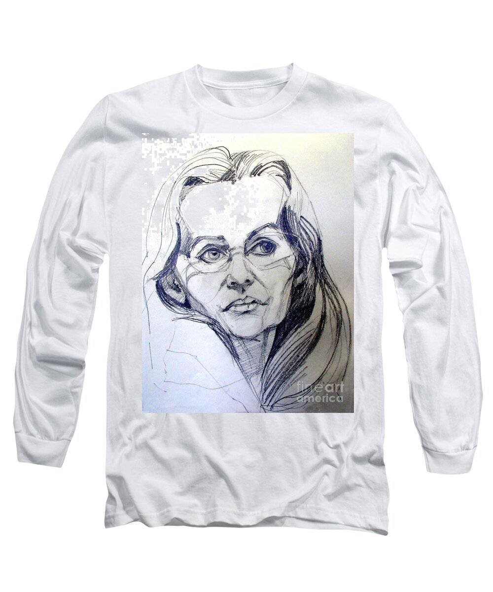  Long Sleeve T-Shirt featuring the drawing Graphite Portrait Sketch of a Woman with Glasses by Greta Corens