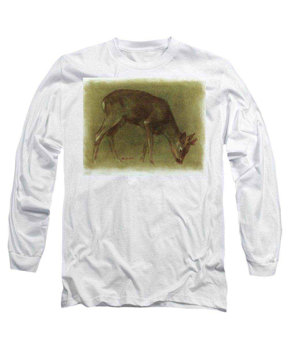 Roebuck Long Sleeve T-Shirt featuring the painting Grazing Roe Deer Oil Painting by Attila Meszlenyi