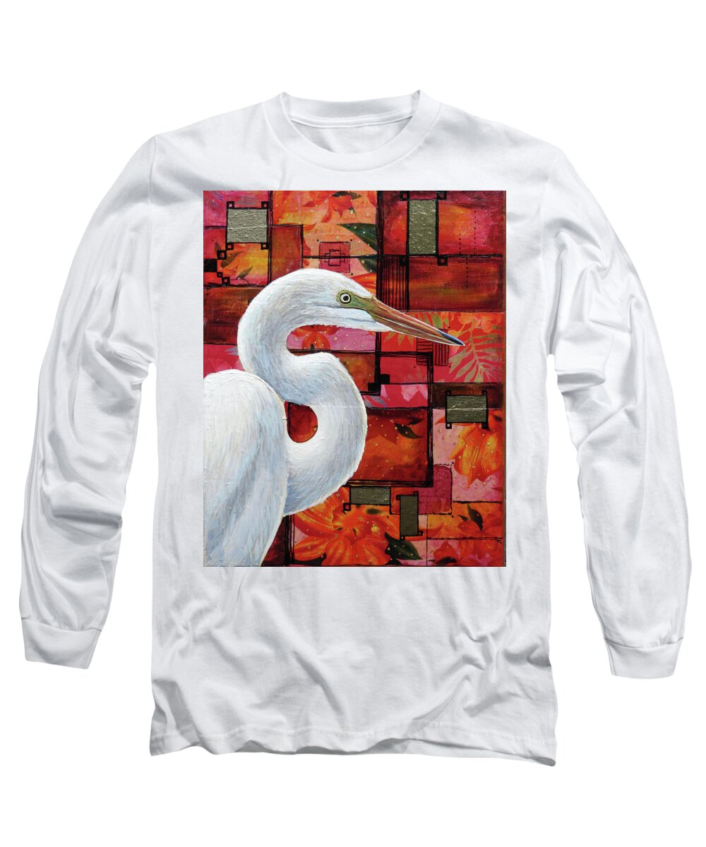 Great Egret Long Sleeve T-Shirt featuring the painting Great Egret Tropicale by Ande Hall