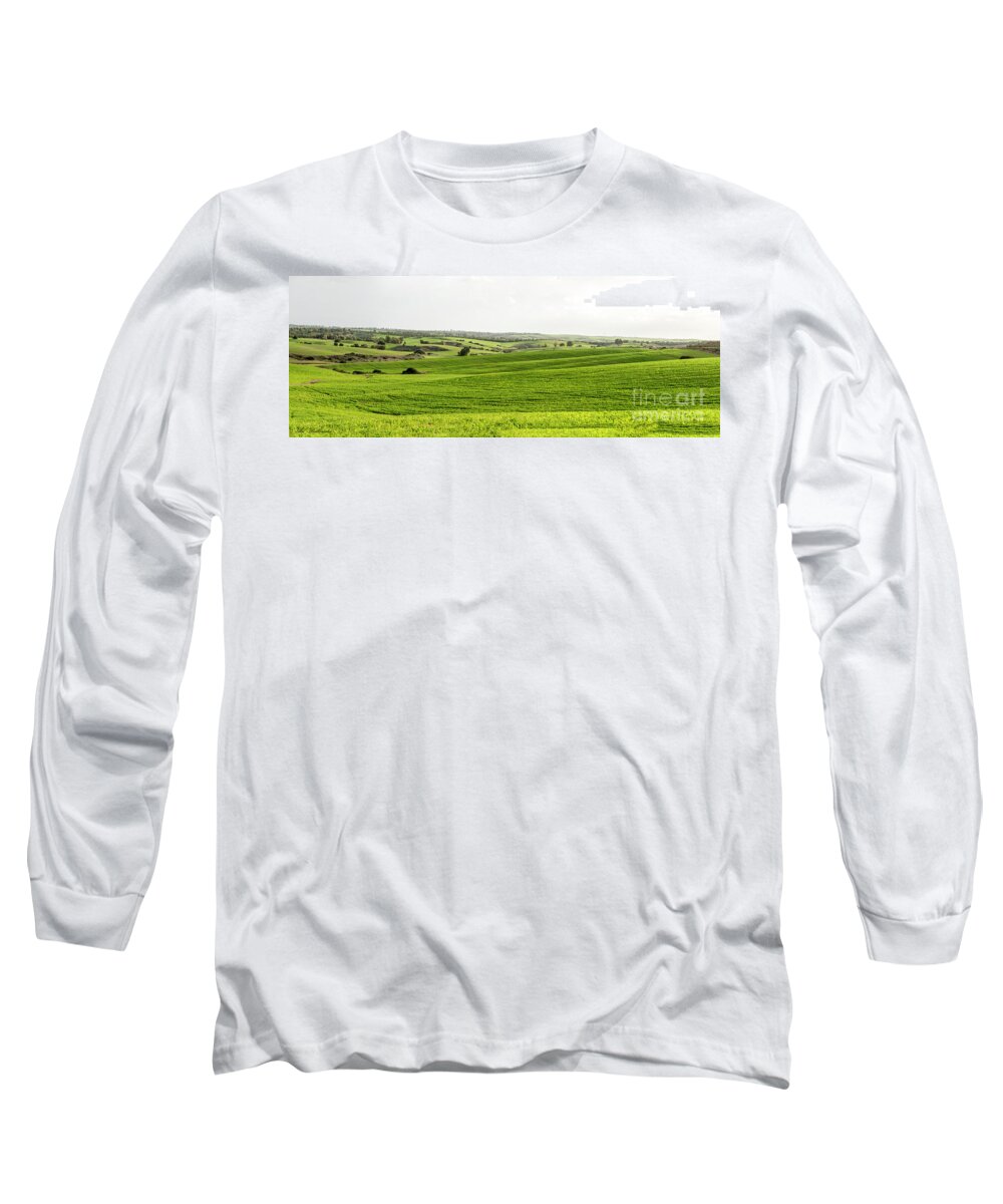 Panorama Long Sleeve T-Shirt featuring the photograph Green Fields. by Arik Baltinester