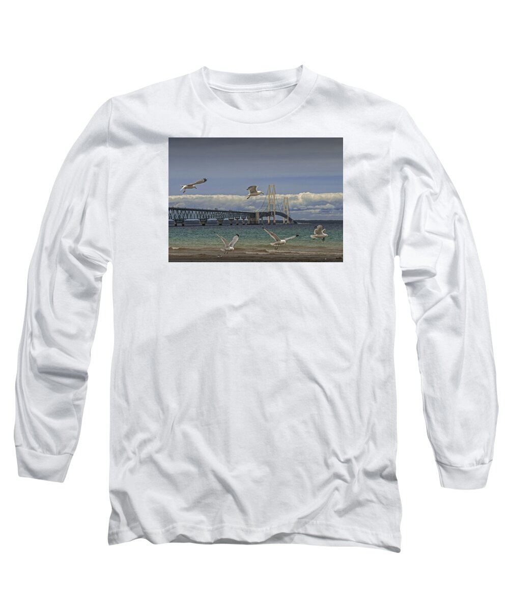 Bird Long Sleeve T-Shirt featuring the photograph Gulls Flying by the Bridge at the Straits of Mackinac by Randall Nyhof