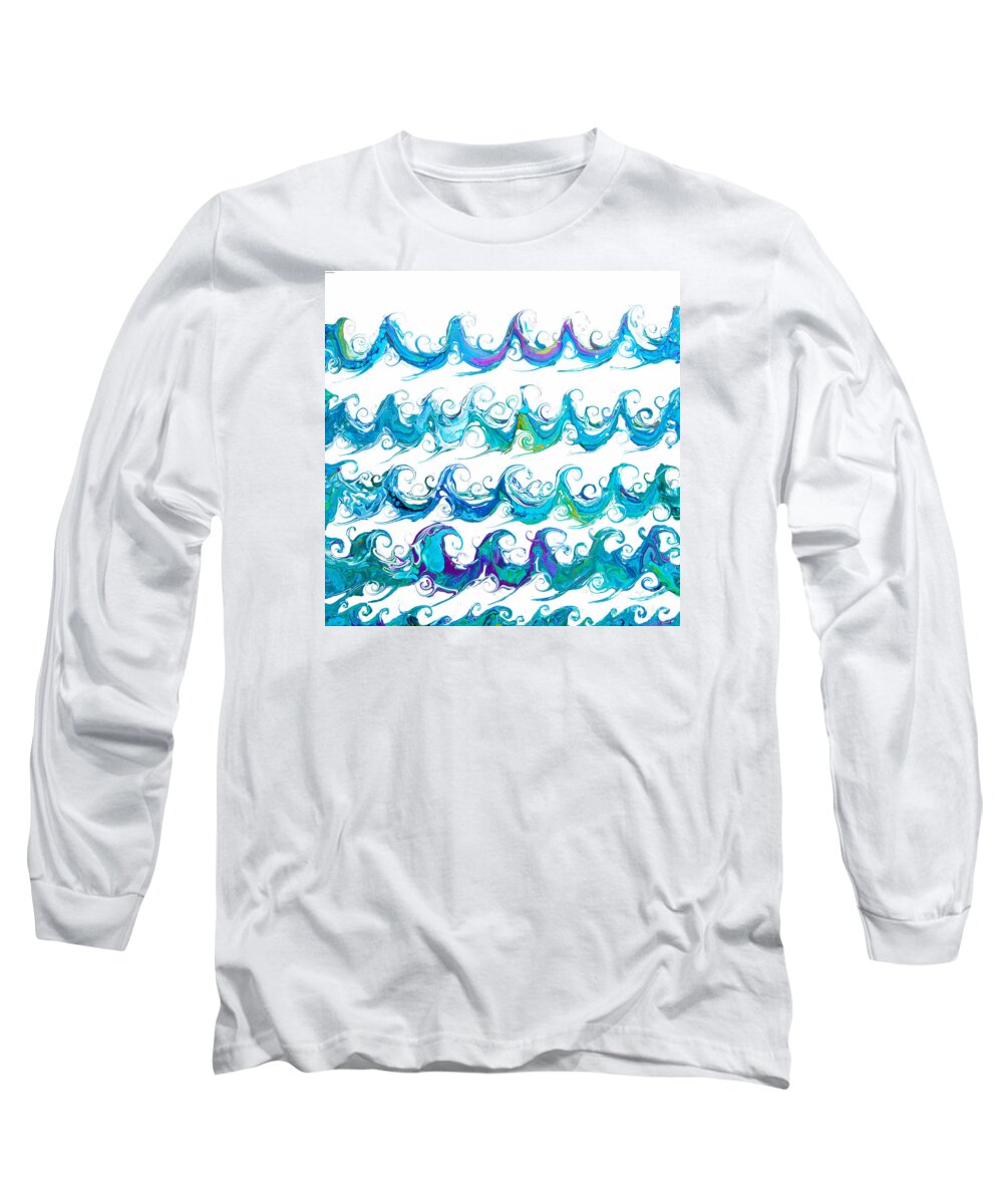 Sea Ocean Beach-theme Blue Green Water Waves Wave Patterns Spirals Fun Colorful Charming Long Sleeve T-Shirt featuring the painting Happy little waves #3184 by Priscilla Batzell Expressionist Art Studio Gallery