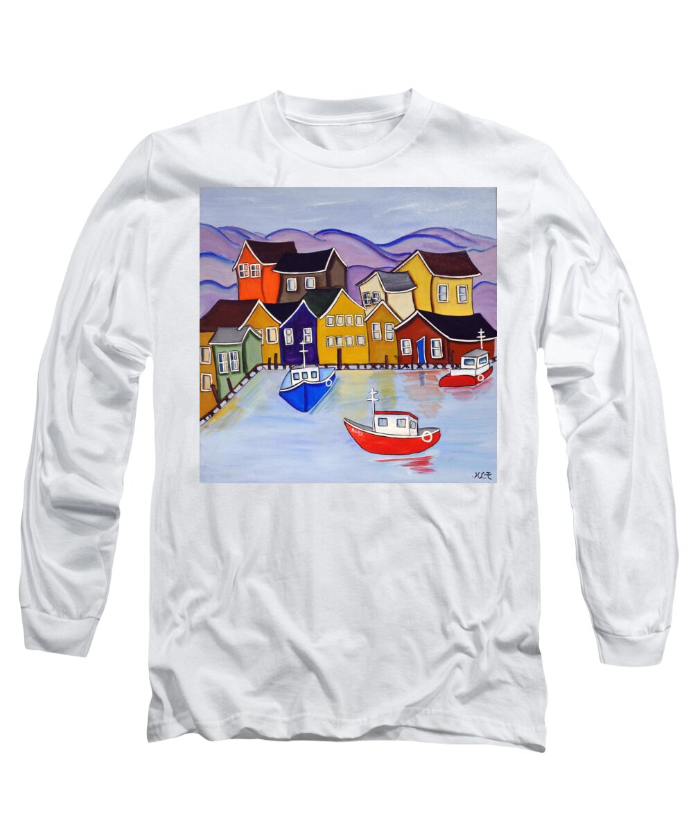 Abstract Long Sleeve T-Shirt featuring the painting Harbour Village by Heather Lovat-Fraser