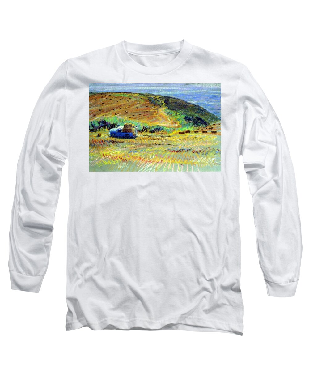 Truck Long Sleeve T-Shirt featuring the painting Hay Harvest on the Coast by Donald Maier